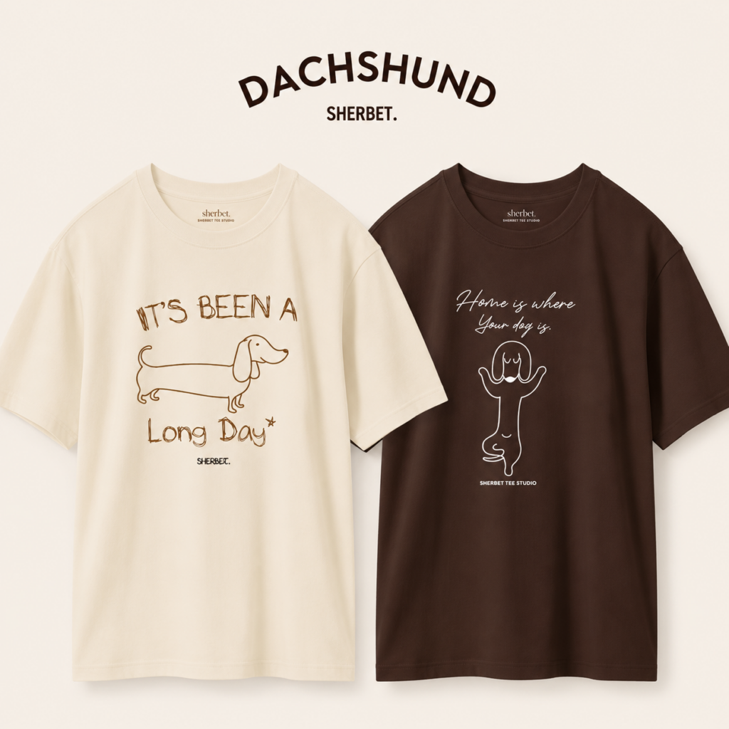 T-Shirt : Dachshund (Cream/Brown) - Cotton fabric