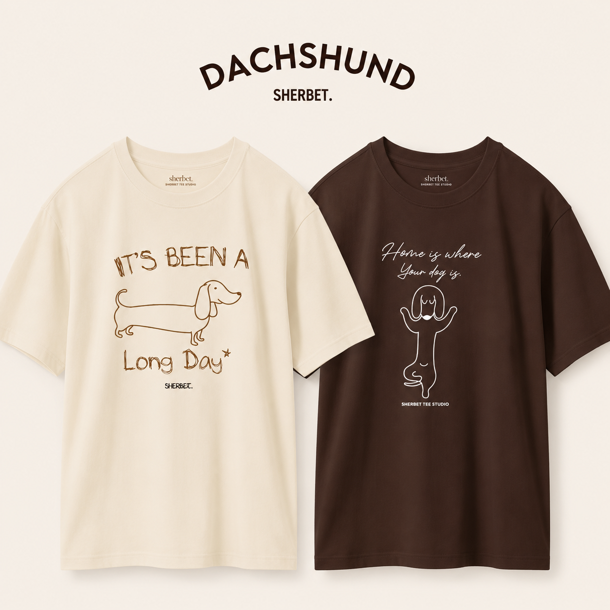 T-Shirt : Dachshund (Cream/Brown) - Cotton fabric - Image 1